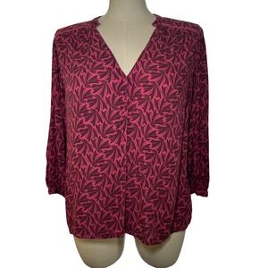 Hinge Ruffle Neck Long Sleeve Pink Leaf‎ Print Casual Blouse Top Women's